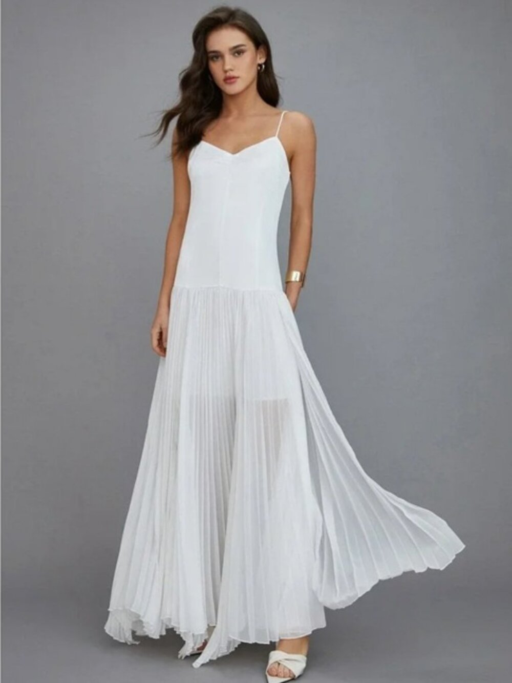 Commense White Semi-Sheer Pleated High-Low Pleated Maxi Dress Sz S